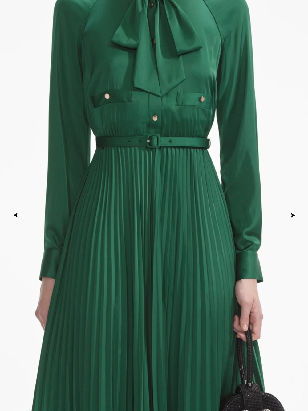 SELF-PORTRAIT Elegant Green Pleated Long-Sleeve Midi Dress with Tie Neck - Picture 3 of 7